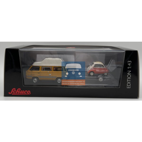 Schuco VW T3a Westfalia Joker Hochdach gelb mit Hänger & Isetta OVP 1:43