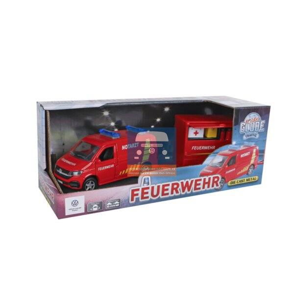 KIDS GLOBE VW Transporter Feuerwehr mit Anhänger 28cm